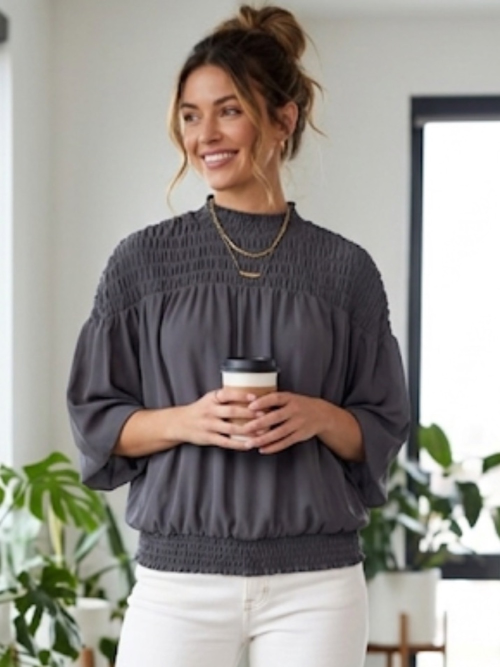 VENUS Charcoal Gray Smocked Yoke Blouse